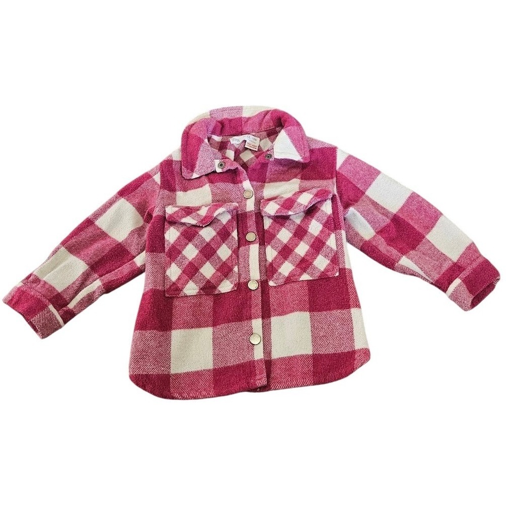 Zara Kids Pink Plaid Flannel Shacket Button Down Jacket Girls Size 4-5Y 110cm